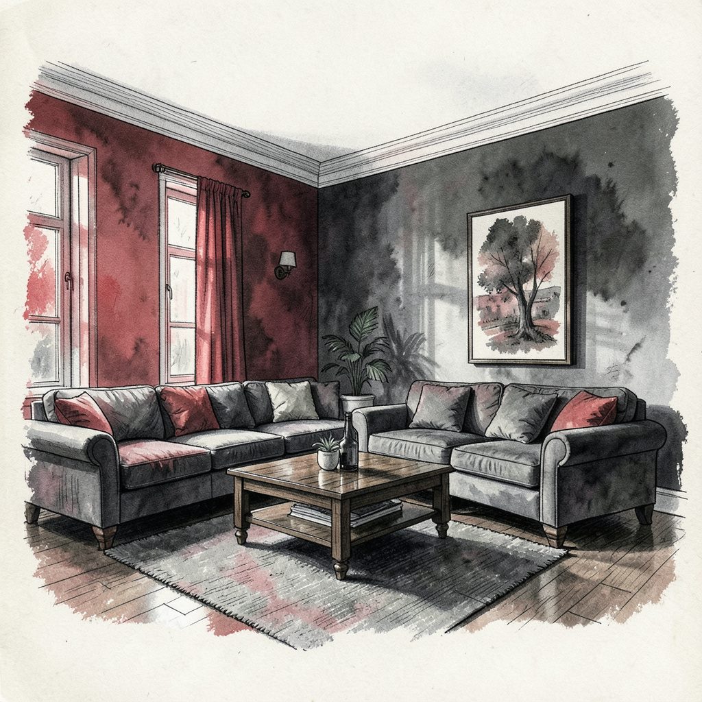 Ein gemütliches Wohnzimmer mit warmen, erdigen Wandfarben in sanftem Beige und gedecktem Grün, das eine ruhige und einladende Atmosphäre ausstrahlt.